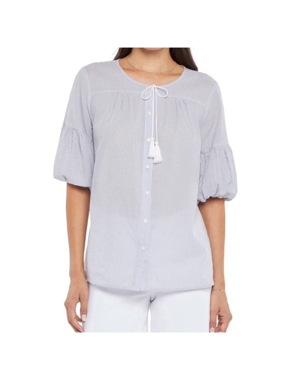 NYDJ Boho Cotton Light Blue & White Simone Stripe Lawn Blouse - Sz XX Small, NWT